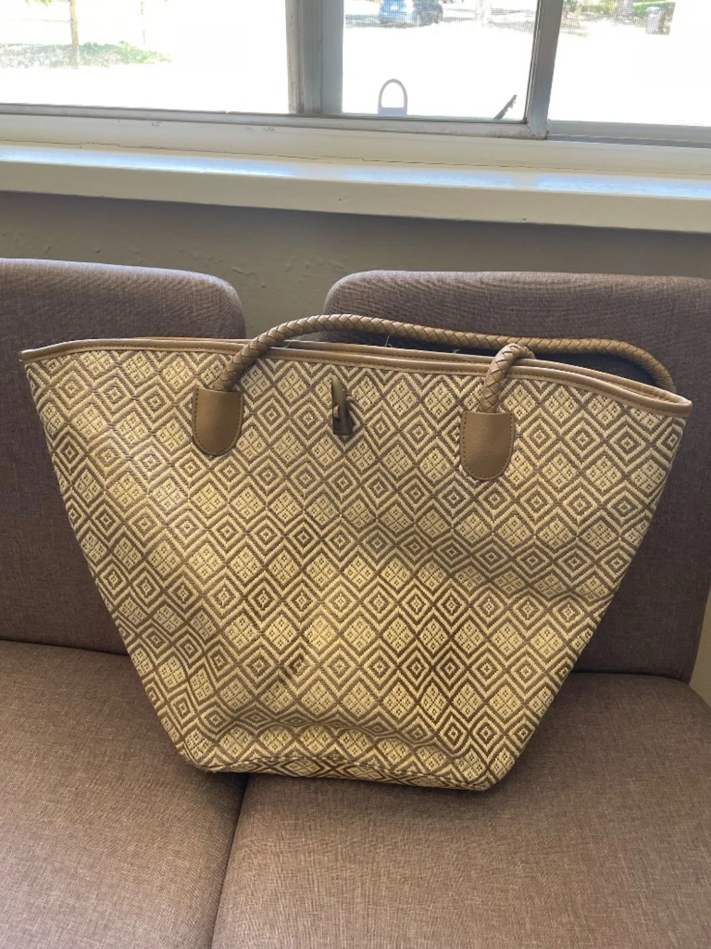 Neiman Marcus Gold Diamond Print Tote Bag | Braided Rope Handles | Leather Trim - Picture 6 of 6